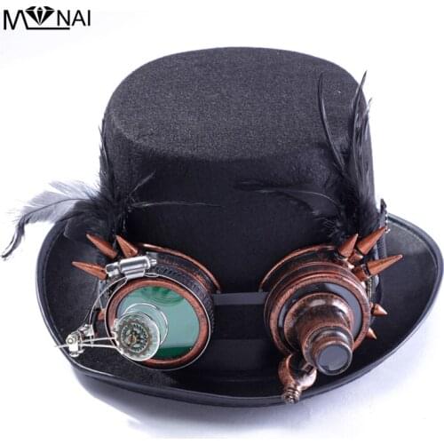 Steampunk Top Hat Detachable Rivets Goggles Handmade Black Polyester Hats Men Street Vintage Halloween Cosplay Party