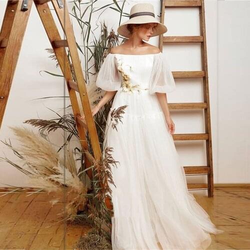 New Summer Boho Wedding Dresses with Off Shoulder Half Sleeves Wedding Gowns Bateau Neckline Bridal Dresses Florals Pleating