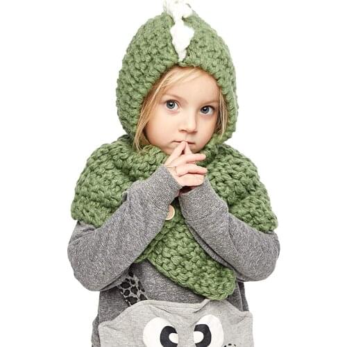Autumn Winter Kids Warm Dinosaur Hats Knitted Coif Hood Scarf Beanies for Boys Girls