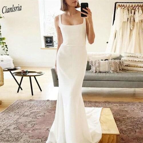 Simple Square Collar Sleeveless Satin Mermaid Wedding Dress Spaghetti Straps Backless Bridal Gowns Robe De Mariee