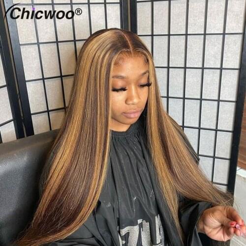 Ombre Straight Lace Front Wig Highlight 38Inch Lace Front Wig Brazilian Remy Highlight Wig Honey Brown Colored Human Hair Wigs