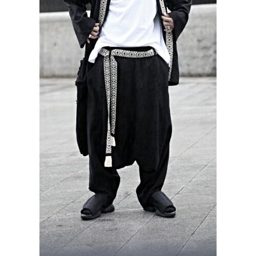 Mens summer new casual solid color linen loose trend plaid belt low crotch Harem Pants straight Pants Large