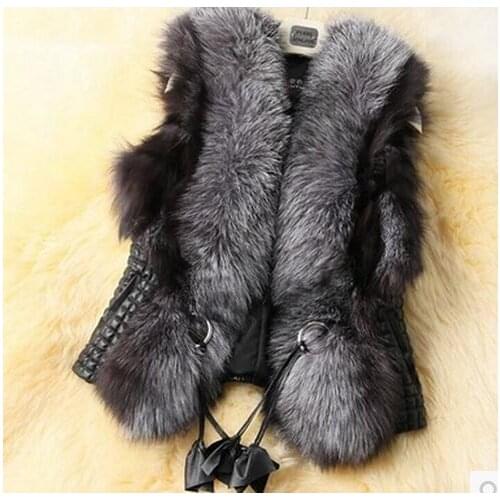 S/4Xl Womens Black Man Made Pu Leather Patchwork Fake Fur Waistcoas Female Man-Made Fur Waistcoats Short Section Fur Vests J2923