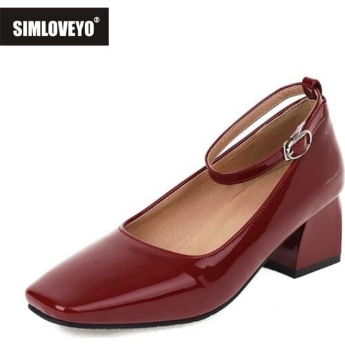 SIMLOVEYO Ankle Strap Shoes Square Toe Med Heel Patent Leather Office Lady Daily Party Pumps Many Colors Large Size 28-52 B2655