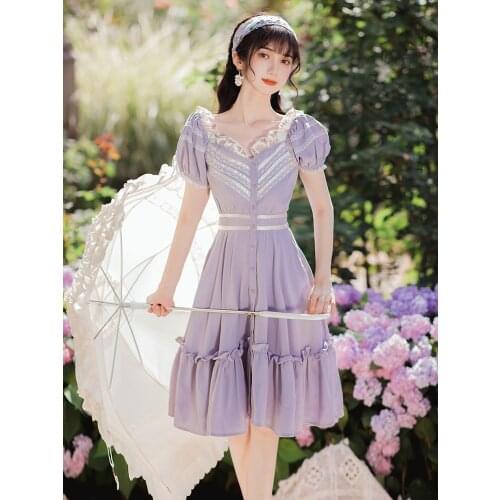 SWEETXUE Vintage Retro Fairy Purple Dress Female Lace Stitching Ruffled Cute Kawaii Party Dress Vestido de mujer