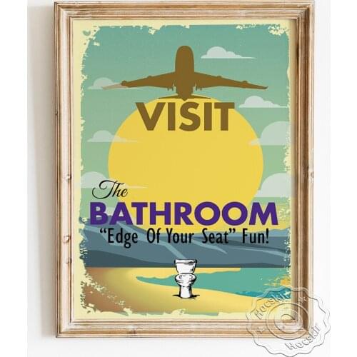 Funny Toilet Phrase Vintage Poster, Visit The Bathroom Edge Of Your Seat Art Prints, Plane Beach Closestool Retro Wall Art Decor