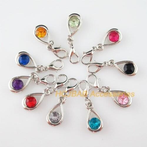 10 New Teardrop Charms With Lobster Claw Clasps Dull Silver Plated Mixed Crystal 9.5x17.5mm