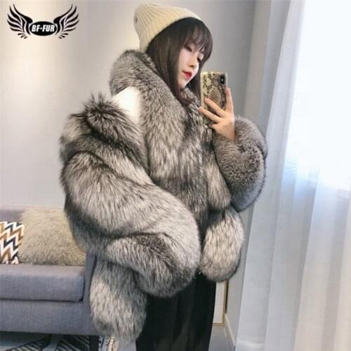 BFFUR Winter Fashion Real Silver Fox Fur Coat V-Neck Natural Whole Skin Genuine Fox Fur Jackets Women Warm Overcoats Plus Size