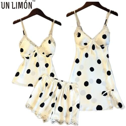UNLIMON Women Satin Pajamas Sexy Cute Sleepwear Sets Dots Lace