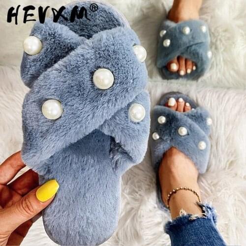 Fuzzy House Slippers For Women Girls Fur Slides Winter Warm Womens Indoor Slippers Cute Heart Print Soft Bedroom Home Shoes