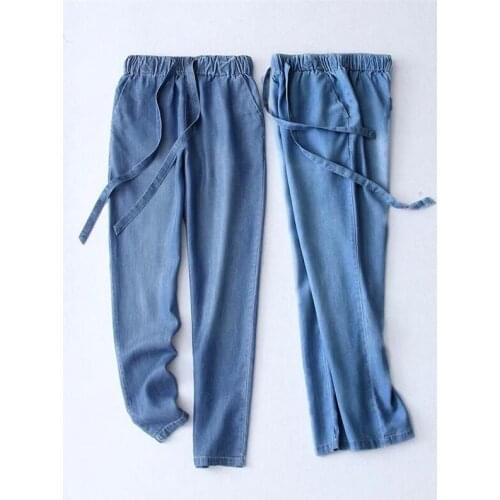 New 2020 Fashion Summer Autumn Casual Jeans Women Denim Trouser Female Elastic Waist With Sashes Pencil Pant Plus Size 7XL Black