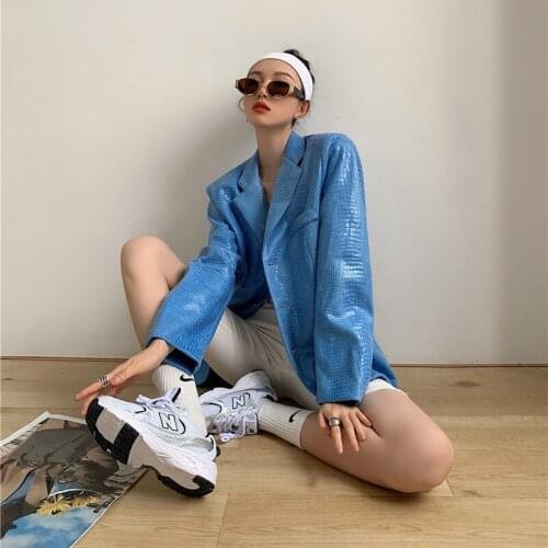 2021 Spring Autumn High Fashion Blue Crocodile Faux Leather Jacket Women New Shoulder Pad Leather Blazer Ladies Coat Fashion Top