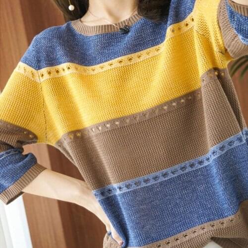 Spring Autumn Acrylic Womens Sweater Round Collar Long Sleeve Pullover Knitted Striped Loose Fashion Office Lady Sweater