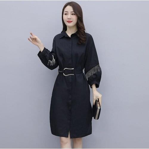 Women 2021 Spring Autumn Fashion Solid Shirt Dress Female Vintage Tassel Loose Casual A-Line Dresses Ladies Chic Vestidos W302