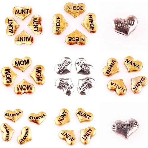 40Pcs/Lot Alloy Gold Heart Shaped Words Mom Dad Grandma Floating Charms Fit For Magnetic Living Locket Necklaces Jewelry Diy