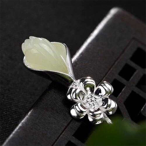 925 Silver Hair Jewelry Stick Jade Hairpin Hanfu Hair Accessory Stick Pin Michelia Alba Luxury Chinese Ancient Antique Vintage