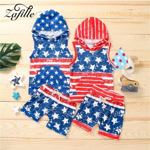 ZAFILLE Boy 4th Of July Outfit 1-4Y Stars Print Hooded Top+Pants 2ps Child Suit Independance Day Toddler Baby Clothes Outfit