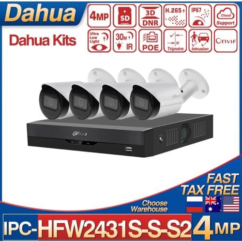 Dahua Kits IPC-HFW2431S-S-S2 4MP IP Bullet Camera + NVR2104HS-P-I 4POE CCTV Camera Security System Kits Smart Video Surveillance
