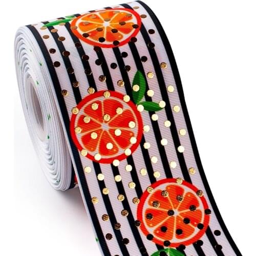 3" 75mm 10yard dots gold foil summer fruit pattern grosgrain ribbon