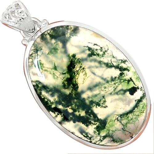 Lovegem Genuine MOSS AGATE PENDANT 925 Sterling Silver, 52.3 mm, AP3546