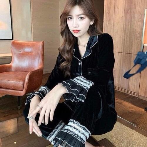 Autumn Velvet Long Sleeve Pajama Set Women Elegant Ladies Plus Size Lingere Black White Nightgowns Sleepwear Cardigan And Pants