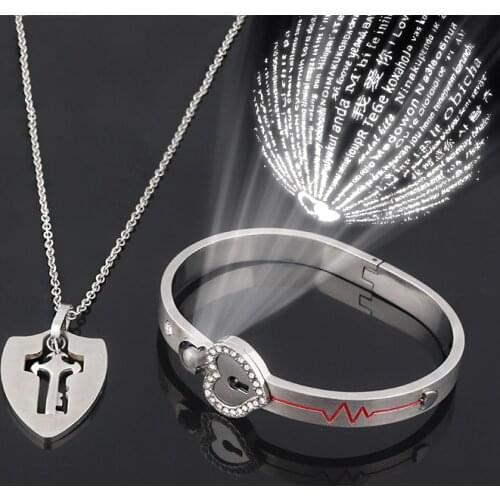 A Couple Jewelry Sets Stainless Steel Love Heart Lock Necklace Bracelets Bangles Key Pendant Couples Free Shipping