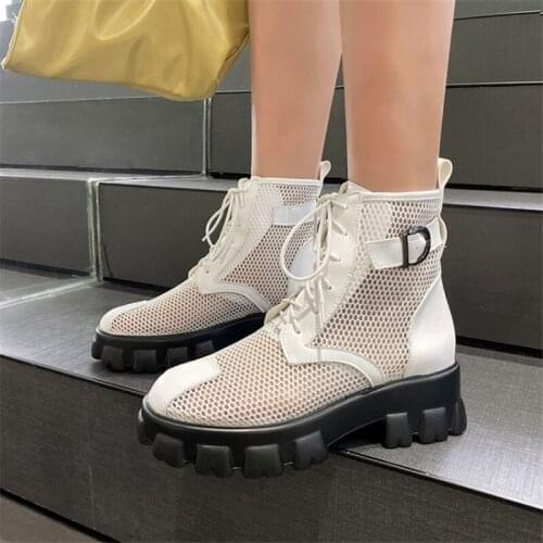 PXELENA Plus Size 34-45 Women Combat Punk Gothic Mesh Ankle Boots 2021 Spring Summer Breathable Chunky Platform Shoes Lace Up