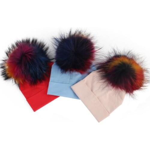 Real Fur Raccoon Pompom Newborn Beanies Kids Warm Plain Cotton Hat Baby Girls Boys Outdoor Warm Caps