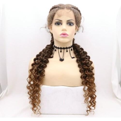 Melody Synthetic Lace Front Wig 2X Double Twist Braided Curly Tail Mixed Color Brown/ Brown Blonde/ Blonde/ Wine Red for Women