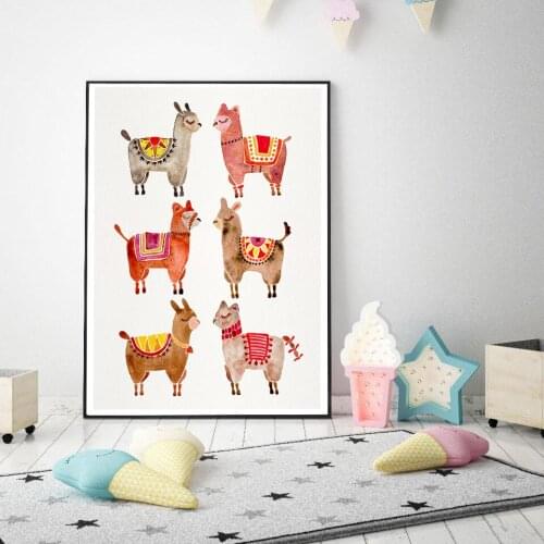 Nordic Art Watercolor Llama Canvas Poster Painting Cartoon Animal alpaca Wall Picture Print Children Baby Room Decor Wall Art