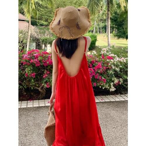 Seaside Holiday Beach Skirt Summer Sexy Open Back Suspender Dress Loose and Slim Super Fairy Long Suspender Skirt for