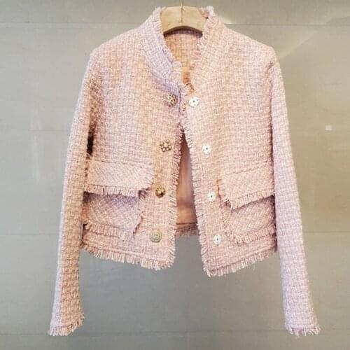 Women Spring Autumn New Temperament Pink Tweed Short Jacket Fringed Raw Edge Pocket Single-Breasted Coat