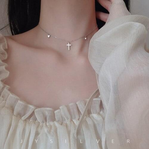 Personality 925 Sterling Silver Cute Cross Necklace Love Clavicle Chain Shiny Zircon Star Pendant Ladies Party Jewelry Gift