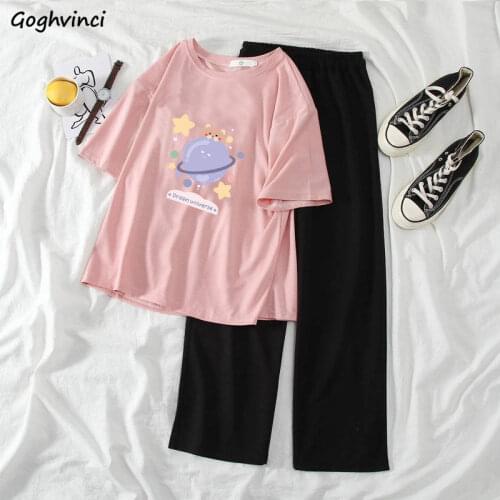 Women Sets Short Sleeves Plus Size S-3XL O-neck Printed T-shirts Korean Style Elastic Waist Pants Chic Lovely Casual Loose Soft