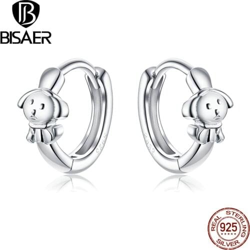 BISAER Dog Earrings 925 Sterling Silver Animal Doggy Love Round Circle Shape Stud Earrings for Women Fashion Jewelry ECE662
