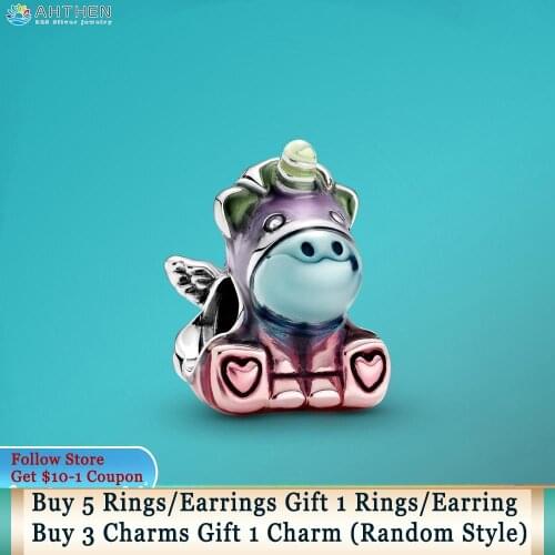 Ahthen 925 Sterling Silver Colorful Rainbow Bruno the Unicorn Charm fit Original Pandora Bracelets for Women DIY Jewelry Making