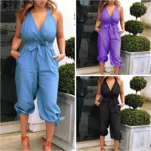 Female Sexy Solid Sleeveless Jumpsuit Backless V-Neck Lace Up Overalls Summer Women Casual Pocket Combinations Streetwear Outfit