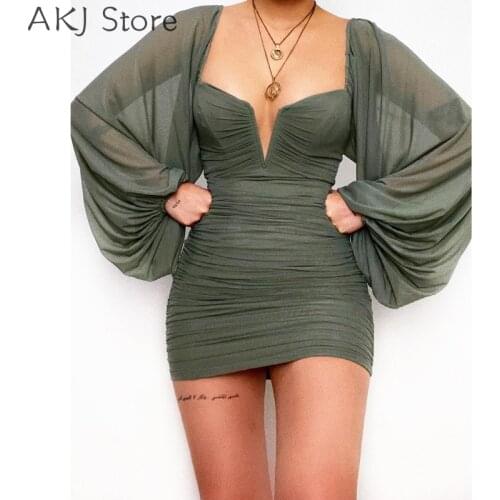 Women Sexy Wrap Ruched Chiffon Long Sleeve A-Line Dress