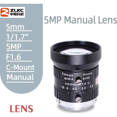 ZLKC HD 5Megapixel Machine Vision Lens 5mm Manual Iris Zoom FA Lens Industrial for Industrial Camera C-Mount Low Distortion Lens