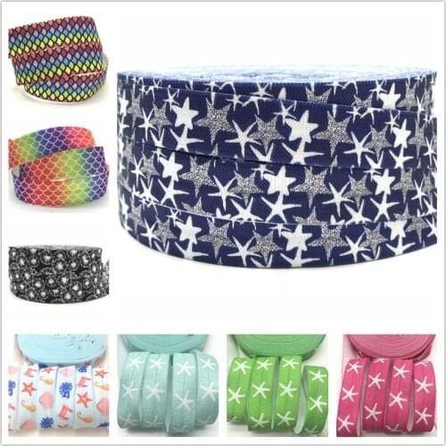 10 yards/lot Jellyfish Fish Scales Printed Fold Over Elastic Ribbon Blue Sea Loin Crab Starfish FOE 16mm for Hair Tie Bracelet