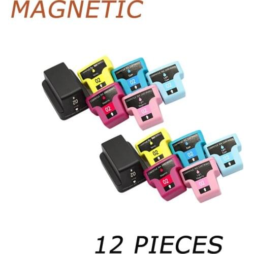 12pcs Magnetic Compatible Ink Cartridges For HP02 For HP C5140 C5150 C5180 C5185 C6150 C6180 D7155 D7160 D7345 D735 Printer