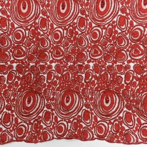 2021 Red Guipure African Laces Embroidery Fabric With Beads and Sequins for Bridal HY1362