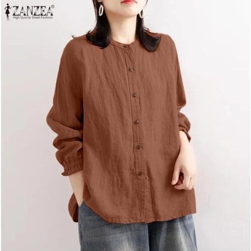 Womens Spring Autumn Top ZANZEA Fashion Ruffle Sleeve Blouses Vintage Solid Cotton Linen Shirts Female O Neck Button Blusa S-5XL