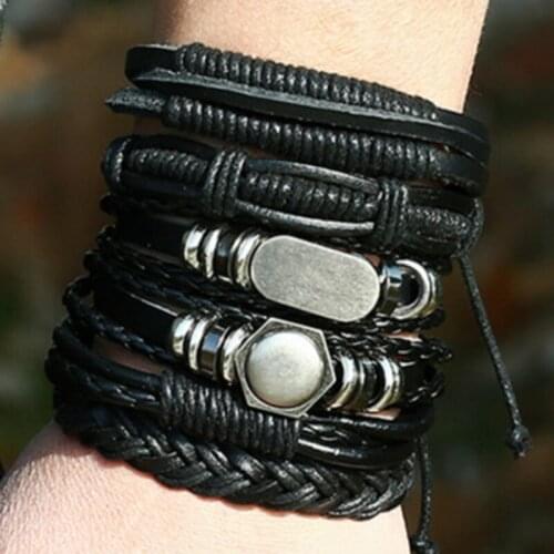 CIBOCIBO Hiphop Bracelet Men A Set Punk Leather Braided Rope Wristband Bracelet Men Luxury Fashion Pulseras Men Gifts Armband
