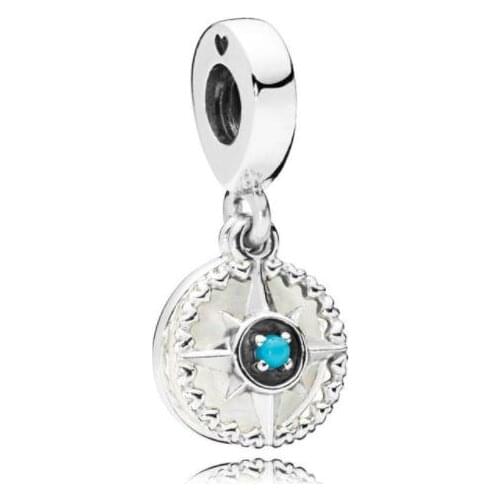 Genuine 925 Sterling Silver Charm Silver Enamel Compass Rose With Blue Crystal Beads Fit Pan Bracelet & Necklace Jewelry