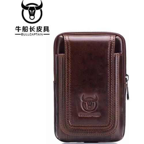 BULLCAPTAIN new Male Waist Bag Purse Leisure Sling Bag Small Pocket New Men Leather Sling Cigarette Bag Mobile Phone Bag Brown