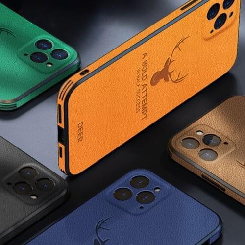 Case on For iPhone 12 Pro Max 11 Pro Max 12 Mini X XS Case Luxury Leather Square Frame Deer Camera Protection Shockproof Cover