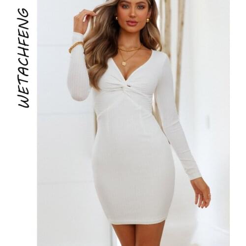 Elegant White Sexy Ladies Dresses Autunm Long Sleeve V Neck Bodycon Party Midi Dress Fashion Y2k Pullover Sweater Women Clothes
