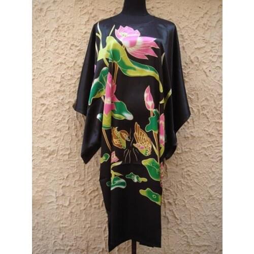 Hot Sale Black Chinese Womens Silk Rayon Robe Bath Gown Yukata Nightgown One Size Free Shipping S5001