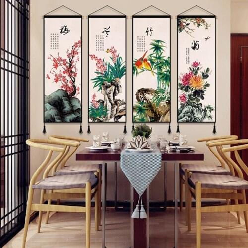 Chinese Ink Painting Wall Hanging Decor Scroll Painting Wood for Home Office Decor Canvas Printed Retro Poster